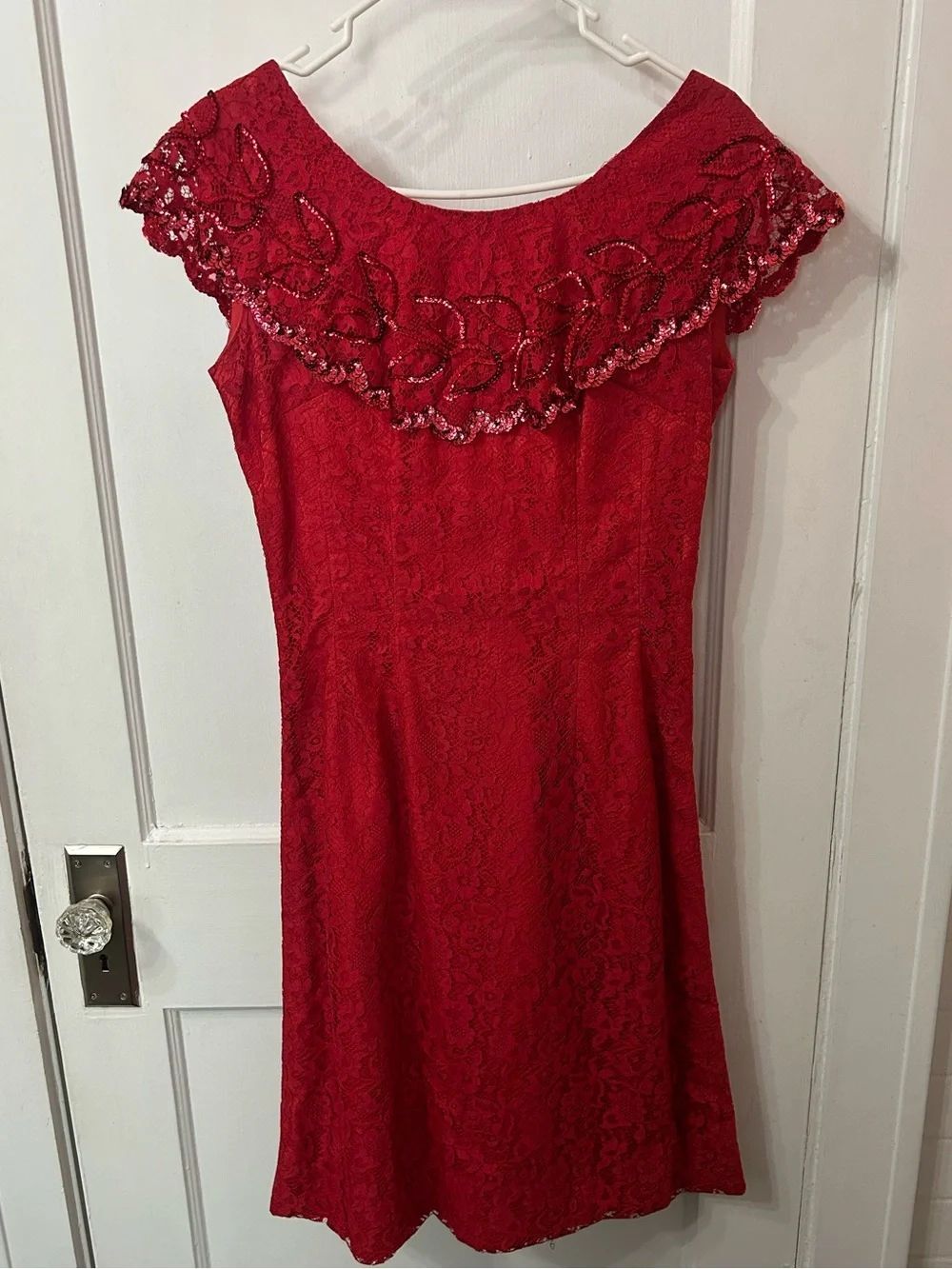 1950s Vintage Red sequin Lace Off-Shoulder Dress